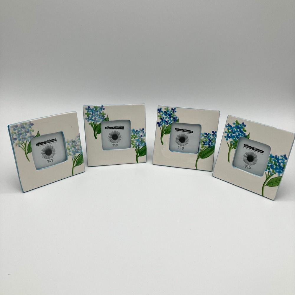 Tradewind Bay Photo Frame Set 4 3x3 White Blue Hydrangea Ceramic Floral